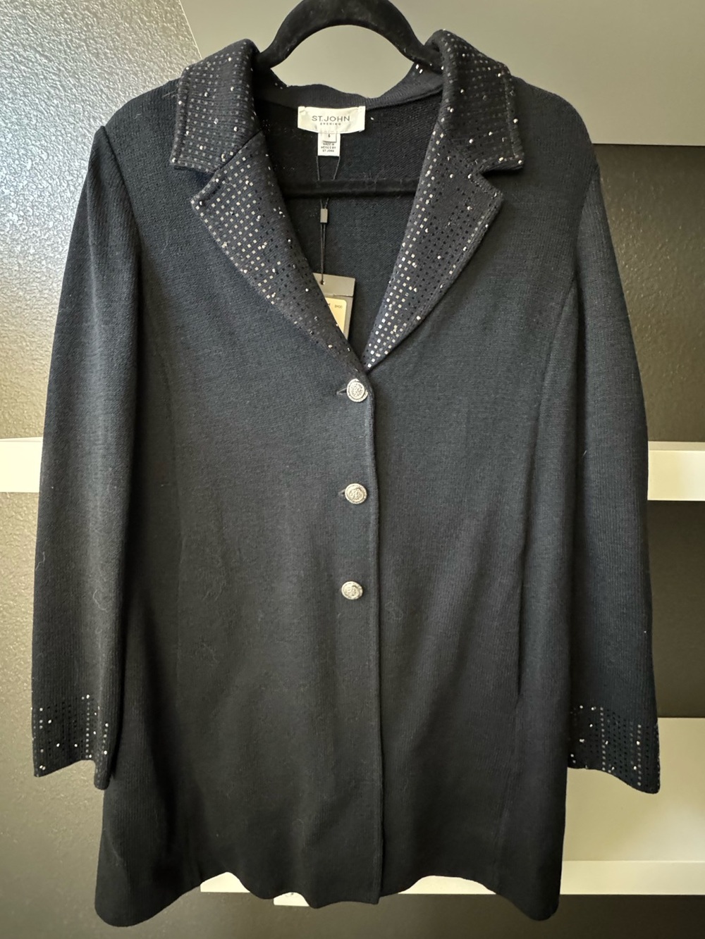St. John Black Knit Blazer with Studded Trim